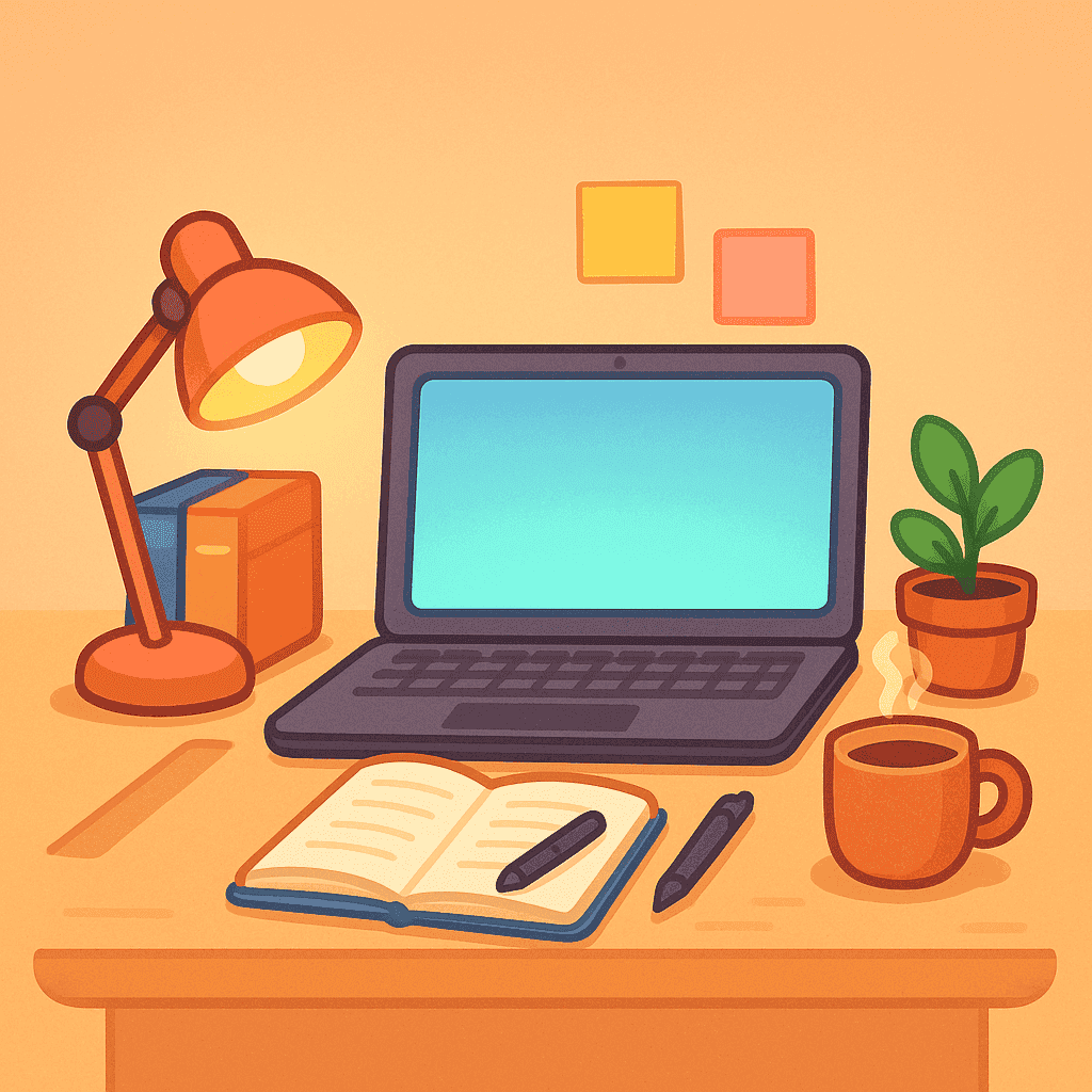 A clean desk with a laptop and a coffee